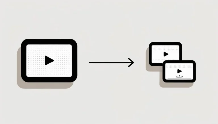 Online Video Conversion an video conversion Illustration of media transformation: a large play button on a rectangle points to two smaller screens with play buttons, symbolizing video conversion.