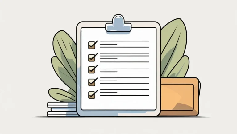 Online Video Conversion an video conversion Illustration of a clipboard with a checklist of five items, all checked. It is surrounded by large green leaves and a brown rectangular object, against a light background.