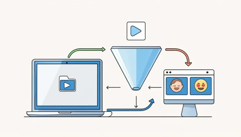 Online Video Conversion Online Video Conversion Illustration of a laptop with a video file icon, funnel, and monitor displaying emoji faces. Arrows indicate video processing flow from laptop to monitor.