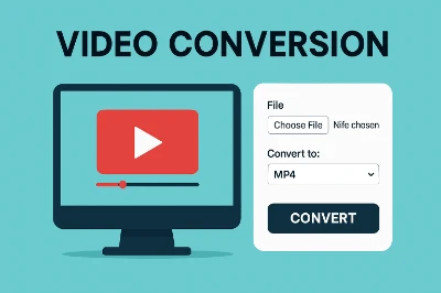 Online Video Conversion Alt text: "Illustration of a n Online video conversion interface on a turquoise background. A monitor displays a play button, and a conversion panel with options on the right."