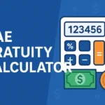 "Illustration of a calculator with numbers, currency symbols, and documents on a blue background. Text reads 'UAE Gratuity Calculator.'"