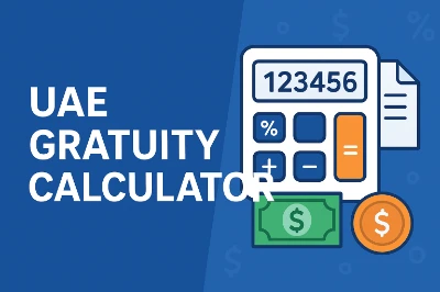 UAE Gratuity Calculator "Illustration of a calculator with numbers, currency symbols, and documents on a blue background. Text reads 'UAE Gratuity Calculator.'"