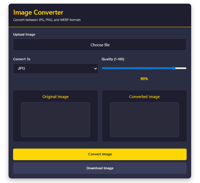 image converterr image converter tool interface showing conversion from JPG to WEBP. Includes upload options, quality slider set to 90%, and comparison images.
