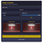 image converter tool interface showing conversion from JPG to WEBP. Includes upload options, quality slider set to 90%, and comparison images.