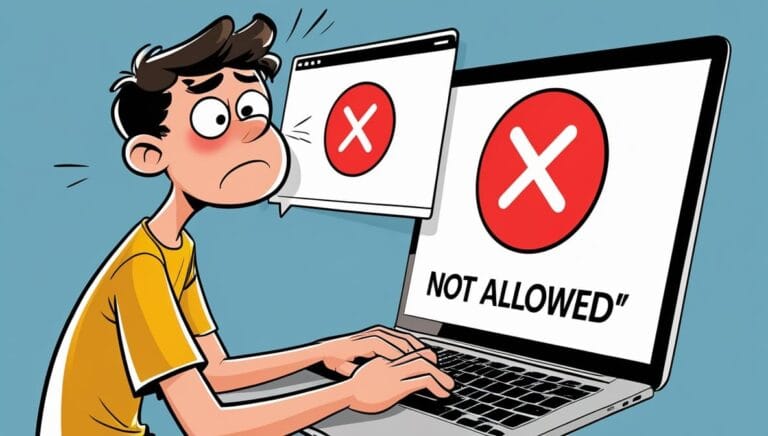Alt text: A worried cartoon character at a laptop sees a "Not Allowed" message with a red X. The expression conveys confusion and frustration.