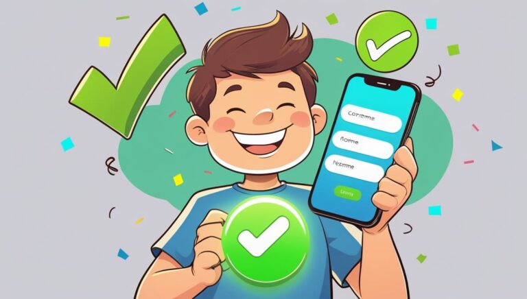 A smiling cartoon boy holds a phone with a successful login screen. Green checkmarks and colorful confetti surround him, conveying joy and accomplishment.