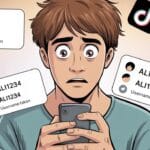 Invisible Characters for Social Media Names,A worried person holds a phone surrounded by social media icons and messages indicating usernames are taken. The mood is stressed and frustrated.