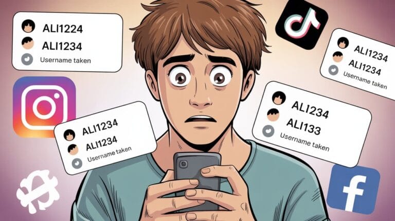  Invisible Characters for Social Media Names,A worried person holds a phone surrounded by social media icons and messages indicating usernames are taken. The mood is stressed and frustrated.