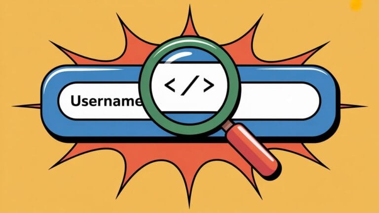 Illustration of a blue search bar labeled "Username," with a magnifying glass over it showing code symbols. Background features an orange starburst design.