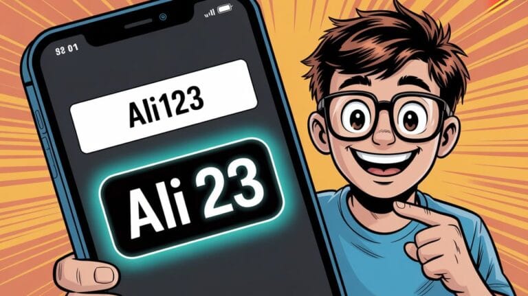 A cheerful cartoon boy with glasses holds a smartphone showing the username "Ali123," changed to "Ali23." Bright radial lines exude excitement.