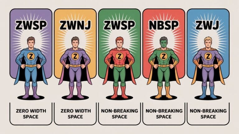 Five superheroes stand confidently in colorful costumes with a "Z" emblem. Behind them are labels: "Zero Width Space," "Non-Breaking Space," and "Zero Width Joiner."