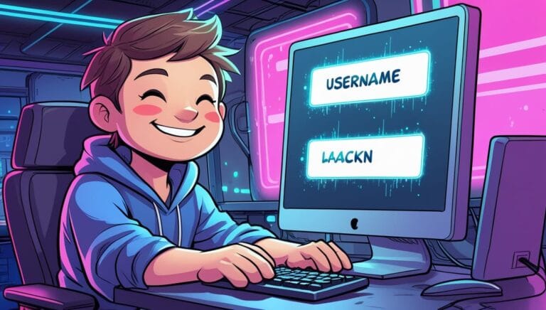 A cheerful person in a hoodie types on a keyboard, seated at a desk with a glowing computer screen displaying "Username" and "LAACKN," in a futuristic setting.