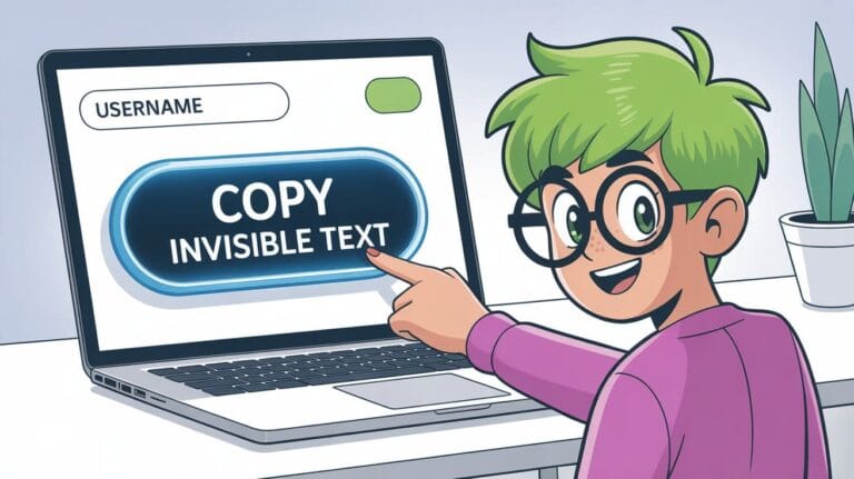 Animated image of a smiling, green-haired person with glasses pointing at a laptop screen. The screen displays a "Copy Invisible Text" button.