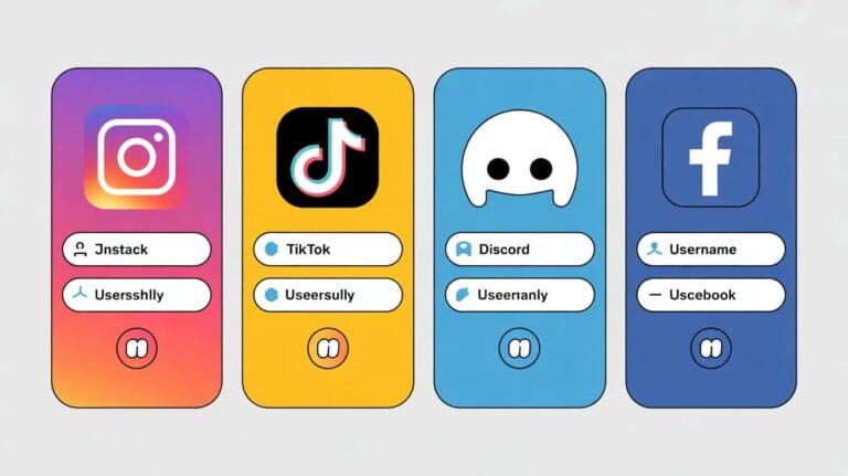 Four smartphone icons display social media apps: Instagram, TikTok, Discord, and Facebook. Each app shows usernames, set against vibrant backgrounds.