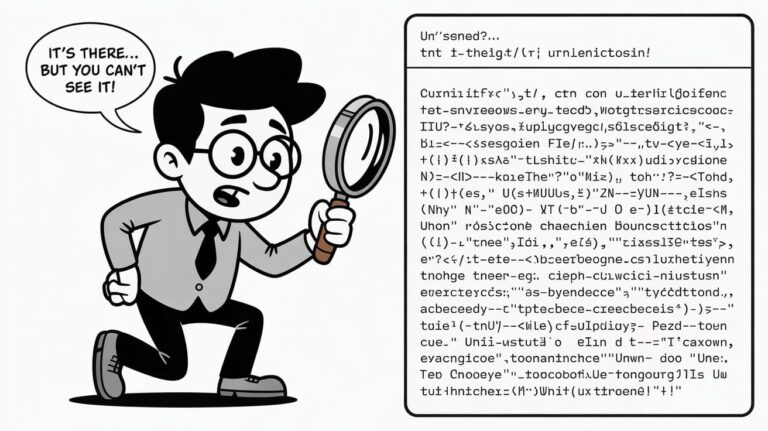 A cartoon character with glasses and a suit holds a magnifying glass, exclaiming, "It's there... but you can't see it!" A box of jumbled text appears, resembling code or encryption. The tone is playful and mysterious.