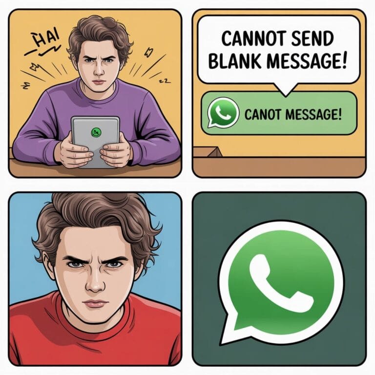 A comic strip shows a frustrated person holding a tablet and receiving a "Cannot send blank message" error on a messaging app, expressing annoyance.