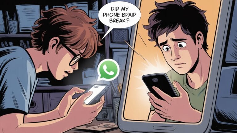 Comic-style image with two characters holding phones, showing a WhatsApp logo. The text bubble reads, "Did my phone brain break?" Expresses confusion.