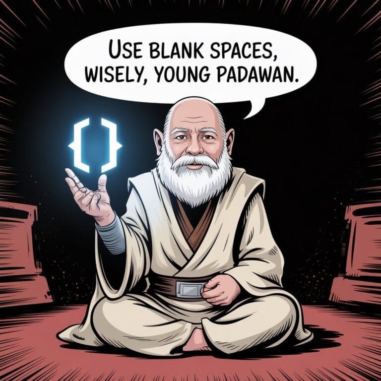 A wise old, bearded man in a robe sits cross-legged, holding a glowing bracket symbol. Speech bubble reads, "Use blank spaces wisely, young padawan."