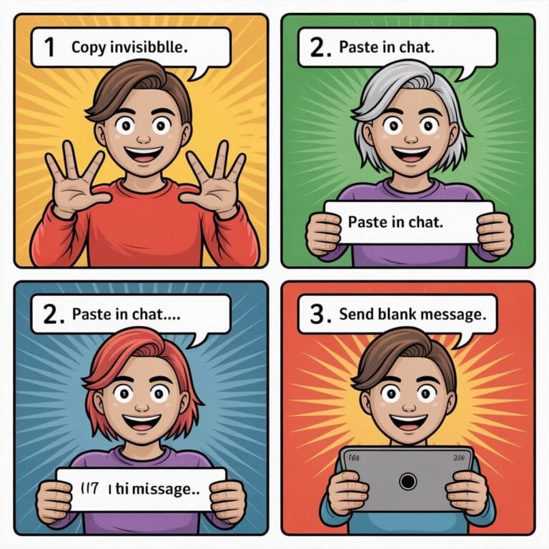 Four-panel comic with diverse characters smiling. Step 1: Copy invisiblle. Step 2: Paste in chat. Step 3: Send blank message. Fun, cheerful tone.