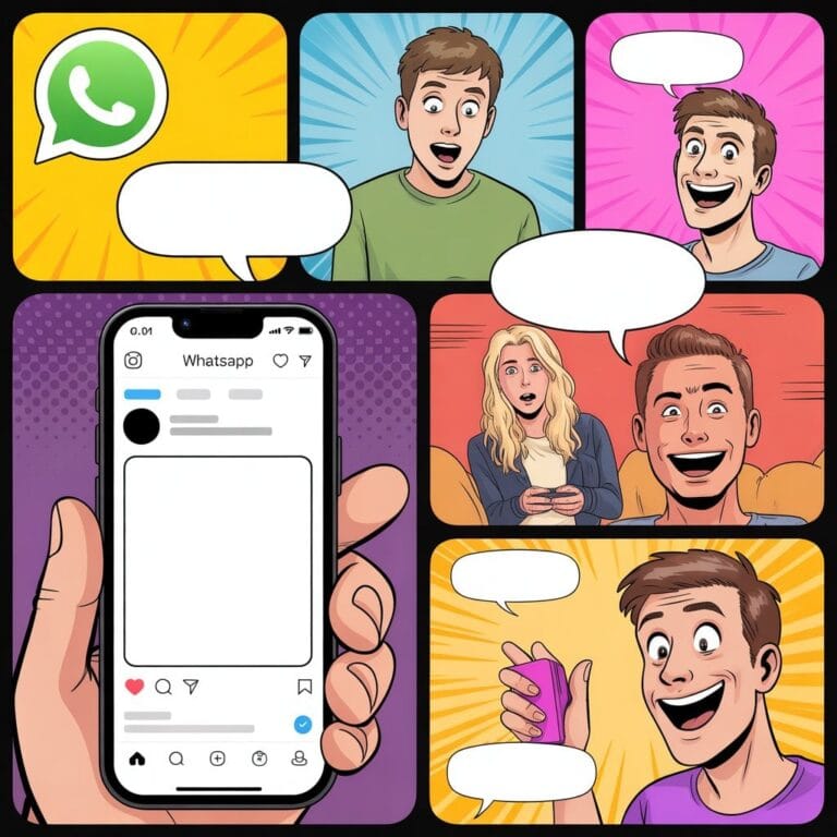 Cartoon comic strip with expressive characters discussing WhatsApp. Includes speech bubbles, a smartphone displaying the app, and varied emotions.