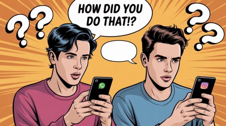 Two illustrated men holding smartphones, each displaying app icons. They look surprised, with question marks around them. One asks, "How did you do that?".