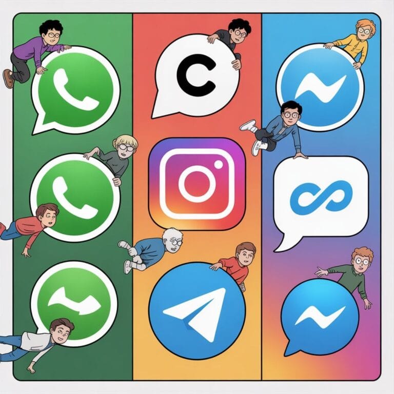 Illustration of children climbing on giant smartphone app icons, including WhatsApp, Telegram, Instagram, and Messenger, over a colorful background, conveying playful engagement with social media.