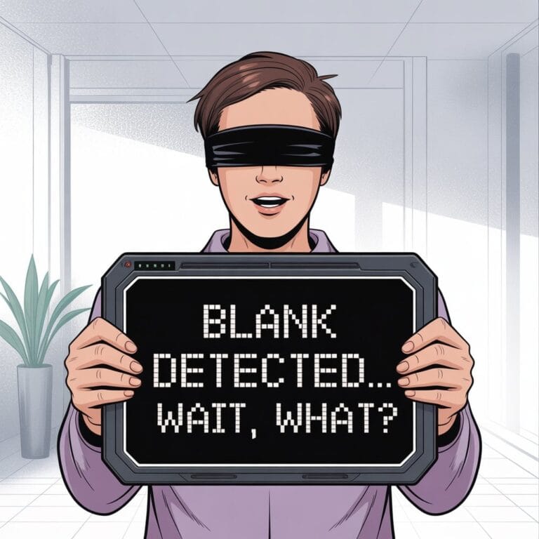 A person with brown hair, wearing a blindfold, smiles while holding a futuristic tablet displaying "BLANK DETECTED... WAIT, WHAT?" in a bright, modern room.