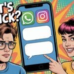 Comic-style image shows a puzzled man and a smiling woman Create Blank Spaces in WhatsApp and Instagram icons. Text reads “What’s the Trick?”.