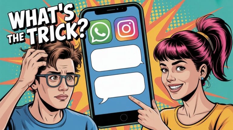 Comic-style image shows a puzzled man and a smiling woman Create Blank Spaces in WhatsApp and Instagram  icons. Text reads “What’s the Trick?”.