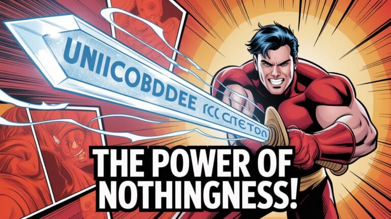 Comic-style superhero wielding a glowing sword labeled with an unreadable code. Text below reads, "The Power of Nothingness!" Dramatic and intense.