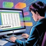 A person at a computer labeled "rref Calculator," analyzing numerical data. Math equations float around in colorful boxes, suggesting focus and complexity.