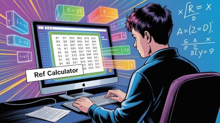 RREF Calculator A person at a computer labeled "rref Calculator," analyzing numerical data. Math equations float around in colorful boxes, suggesting focus and complexity.