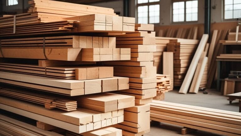Stacks of neatly arranged wooden planks in a workshop filled with natural light. Various sizes suggest a diverse selection for carpentry projects.