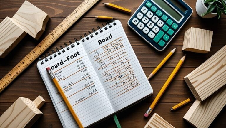 A wooden table with a notebook showing board feet calculator, surrounded by pencils, a ruler, a calculator,  wooden blocks, and a small plant. The scene conveys a sense of planning and measurement in woodworking.