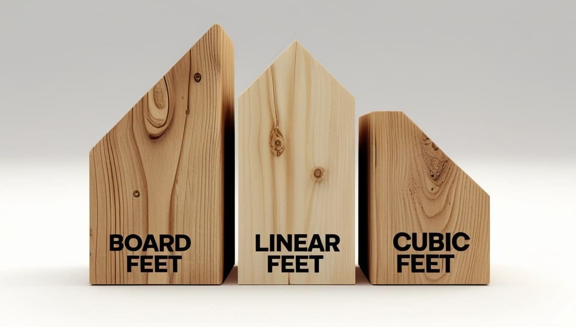 Three wooden blocks shaped like house roofs represent measurement units with labeled text: "Board Feet," "Linear Feet," and "Cubic Feet." Neutral tone.