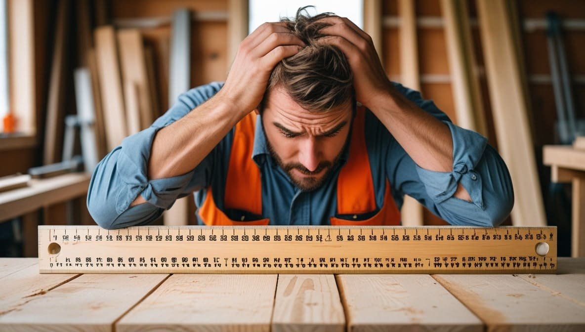 A frustrated carpenter grips his hair, staring at a long ruler on a workbench in a cluttered workshop. The mood is tense, suggesting a measurement mistake.