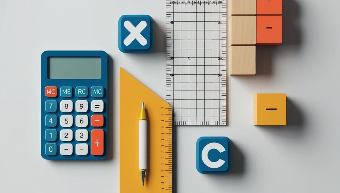 A flat lay of school supplies on a gray background. Items include a calculator, ruler, pencil, orange squares, and blue dice with math symbols, conveying organization.