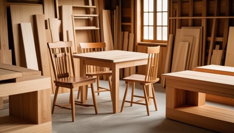 Sunlit workshop with wooden furniture including a table, chairs, and bench. Wood panels are stacked against the wall, creating a warm, artisanal ambiance.