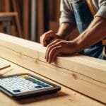 A carpenter in overalls measures a wooden beam with a tape measure on a workshop table. A Board Feet calculator tablet and tape measure are visible, suggesting precision.