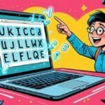 A cartoon child excitedly points at a laptop displaying jumbled letters. The colorful background features pink and yellow tones with blue foliage.