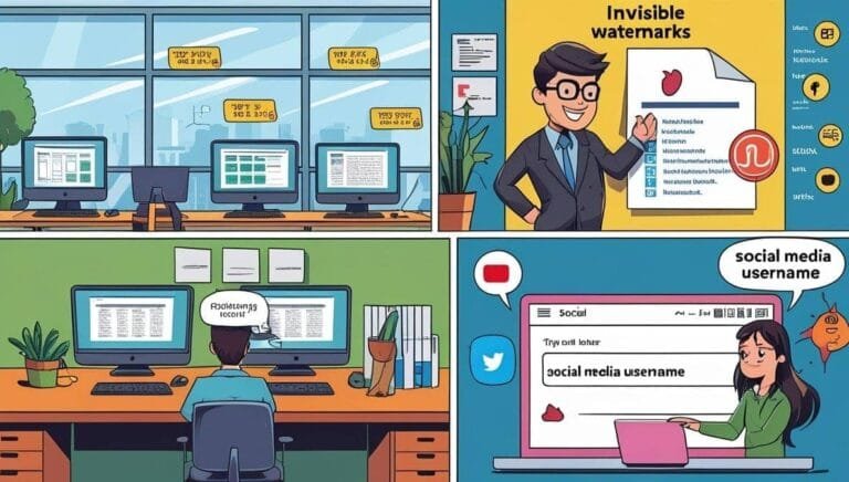A colorful comic strip illustrating visible and invisible watermarks. The first panel shows three computer screens with visible watermarks. The second panel depicts a businessman explaining invisible watermarks. The third panel features a frustrated person at a desk with thought bubbles. The last panel shows a woman happily sending a secure message on social media. The tone is informative and slightly humorous.