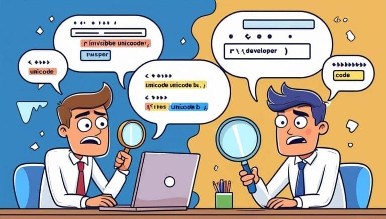 Two cartoon men in a colorful office setting, each holding a magnifying glass, are puzzled over complex unicode code snippets displayed in speech bubbles.