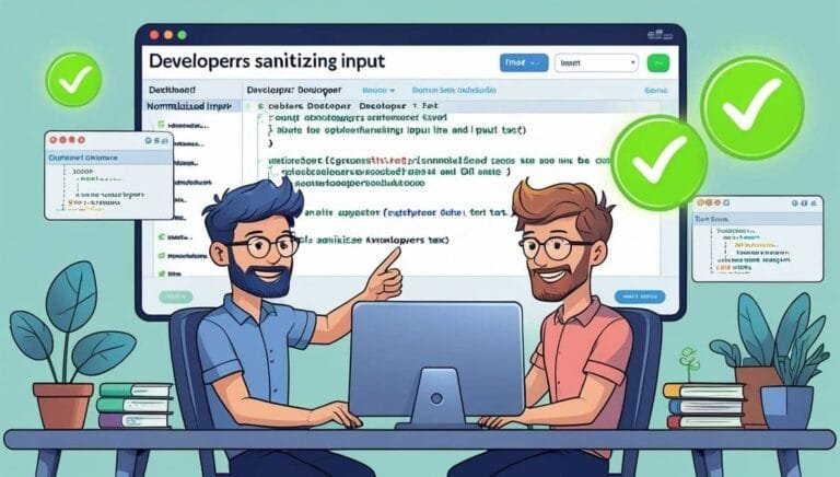 Two animated developers smiling while working at desks with computers. Large screen shows code with green check marks. Plants and books surround them.