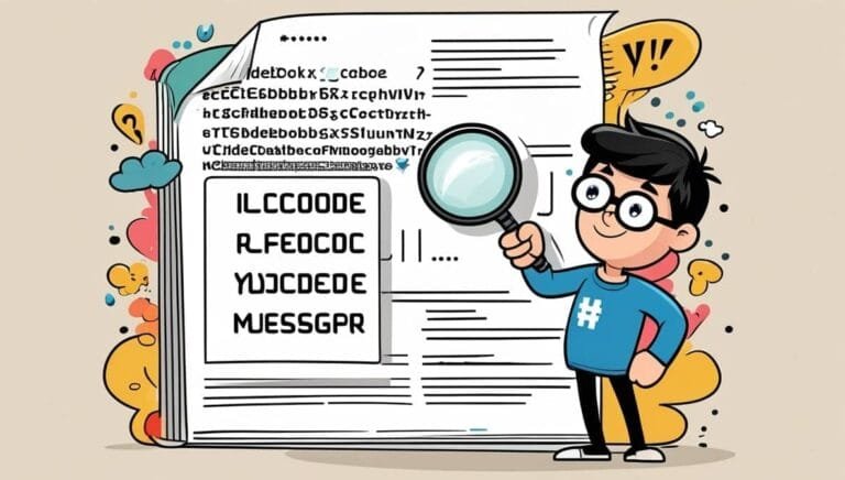 A cartoon character with glasses, holding a magnifying glass, examines a page of code. Around him are colorful doodles and symbols. The scene is playful and curious.