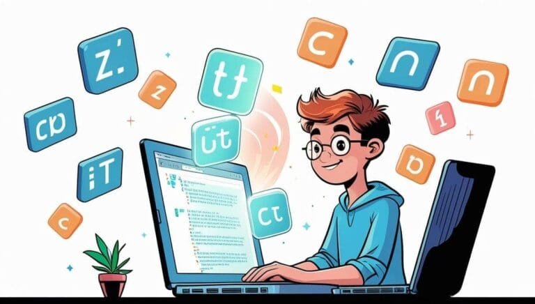 A young person in a hoodie is smiling at a laptop surrounded by floating letter tiles. A small plant is on the desk, and a lightbulb symbolizes ideas.