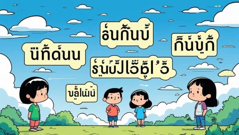 A cartoon of five children standing on grass under a bright blue sky with clouds. Speech bubbles contain text in a non-Latin script, adding a playful tone.