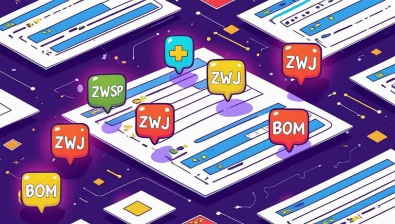 Colorful cartoon speech bubbles with text 'ZWSP', 'ZWJ', 'BOM' over digital documents on a purple background. Represents coding concepts.