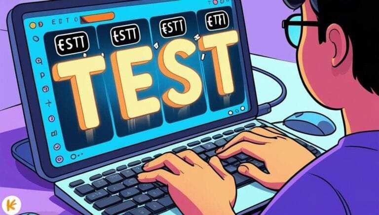 A person types on a laptop displaying large, glowing letters spelling "TEST" in a stylized format. The setting is colorful and modern.