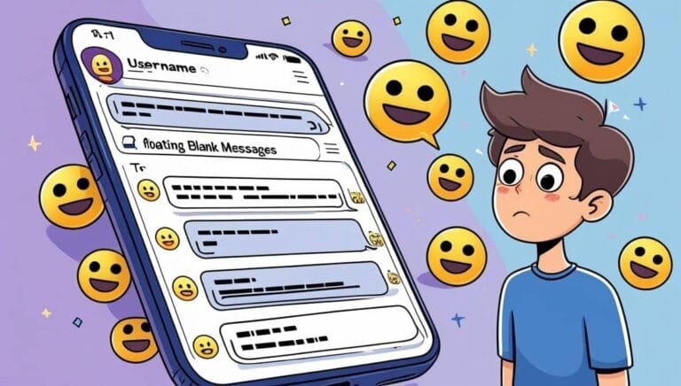 Illustration of a worried boy looking at a smartphone displaying a chat app with blank text bubbles. Floating smiley faces surround the phone, set against a purple and blue background.