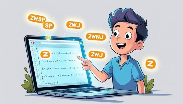 Invisible Unicode Characters Explained A cartoon boy excitedly points at a laptop displaying code. Bright, floating symbols like "ZWJ" and "Z" surround him, creating an engaging, tech-savvy tone.